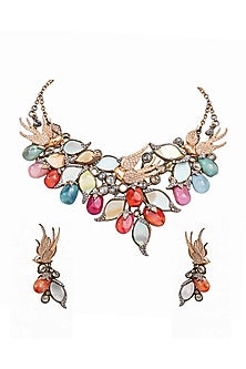 Antique Silver Finish Swarovski Crystal & Multi-Colored Stone Choker Necklace Set