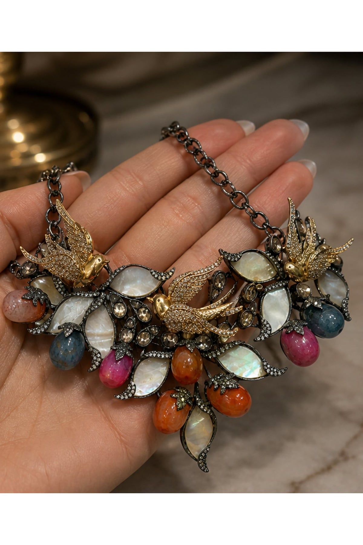 Antique Silver Finish Swarovski Crystal & Multi-Colored Stone Choker Necklace Set