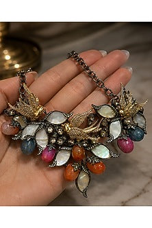 Antique Silver Finish Swarovski Crystal & Multi-Colored Stone Choker Necklace Set