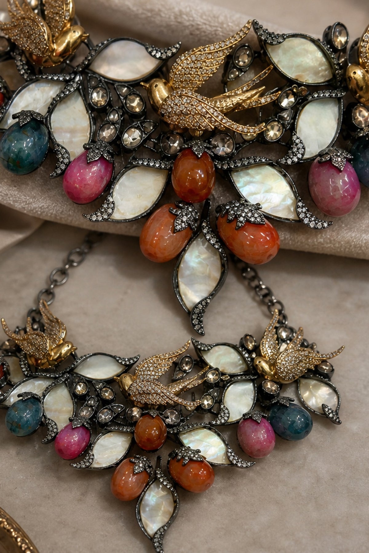 Antique Silver Finish Swarovski Crystal & Multi-Colored Stone Choker Necklace Set