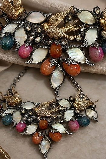 Antique Silver Finish Swarovski Crystal & Multi-Colored Stone Choker Necklace Set