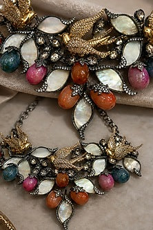 Antique Silver Finish Swarovski Crystal & Multi-Colored Stone Choker Necklace Set