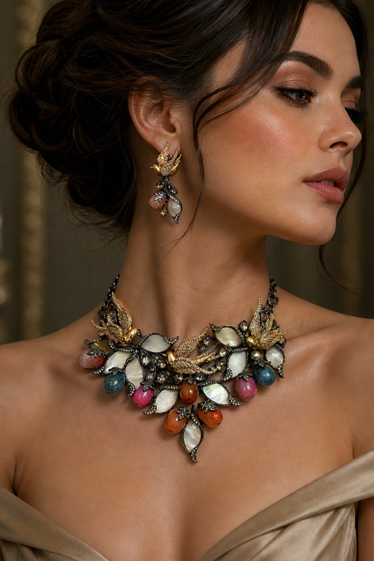 Antique Silver Finish Swarovski Crystal & Multi-Colored Stone Choker Necklace Set