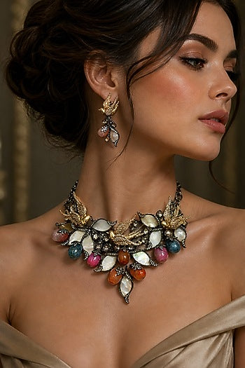 Antique Silver Finish Swarovski Crystal & Multi-Colored Stone Choker Necklace Set