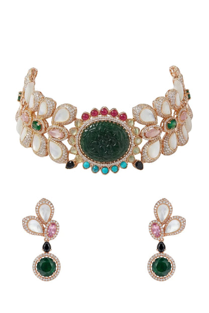 Gold Finish Swarovski Crystal & Emerald Stone Choker Necklace Set