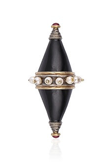 Silver Finish Black Onyx Stone and Pearls Double Triangle Cone Ring