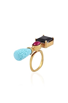 Gold Finish Turquoise, Black and Red Onyx Stone Double Finger Ring