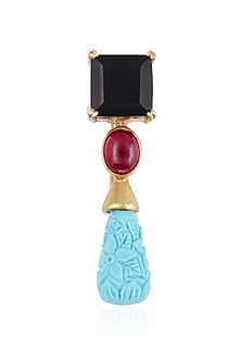 Gold Finish Turquoise, Black and Red Onyx Stone Double Finger Ring