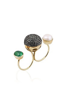 Gold Finish Black Zircon and Pearl Double Finger Ring