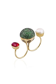 Gold Finish Green Zircon and Pearl Double Finger Ring