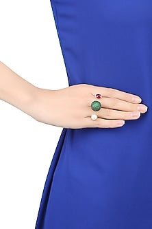 Gold Finish Green Zircon and Pearl Double Finger Ring