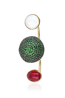 Gold Finish Green Zircon and Pearl Double Finger Ring
