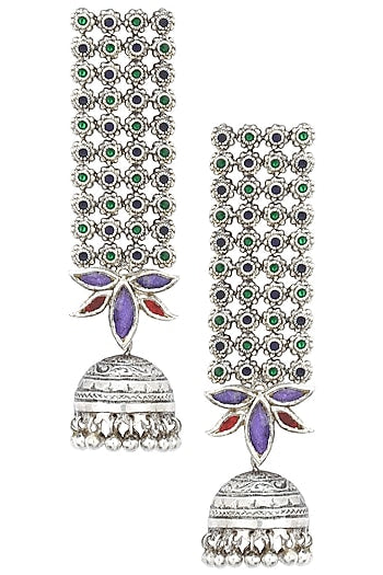 Antique Silver Finish Glass Stone Jhumki Drop Earrings