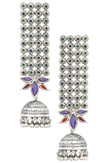 Antique Silver Finish Glass Stone Jhumki Drop Earrings