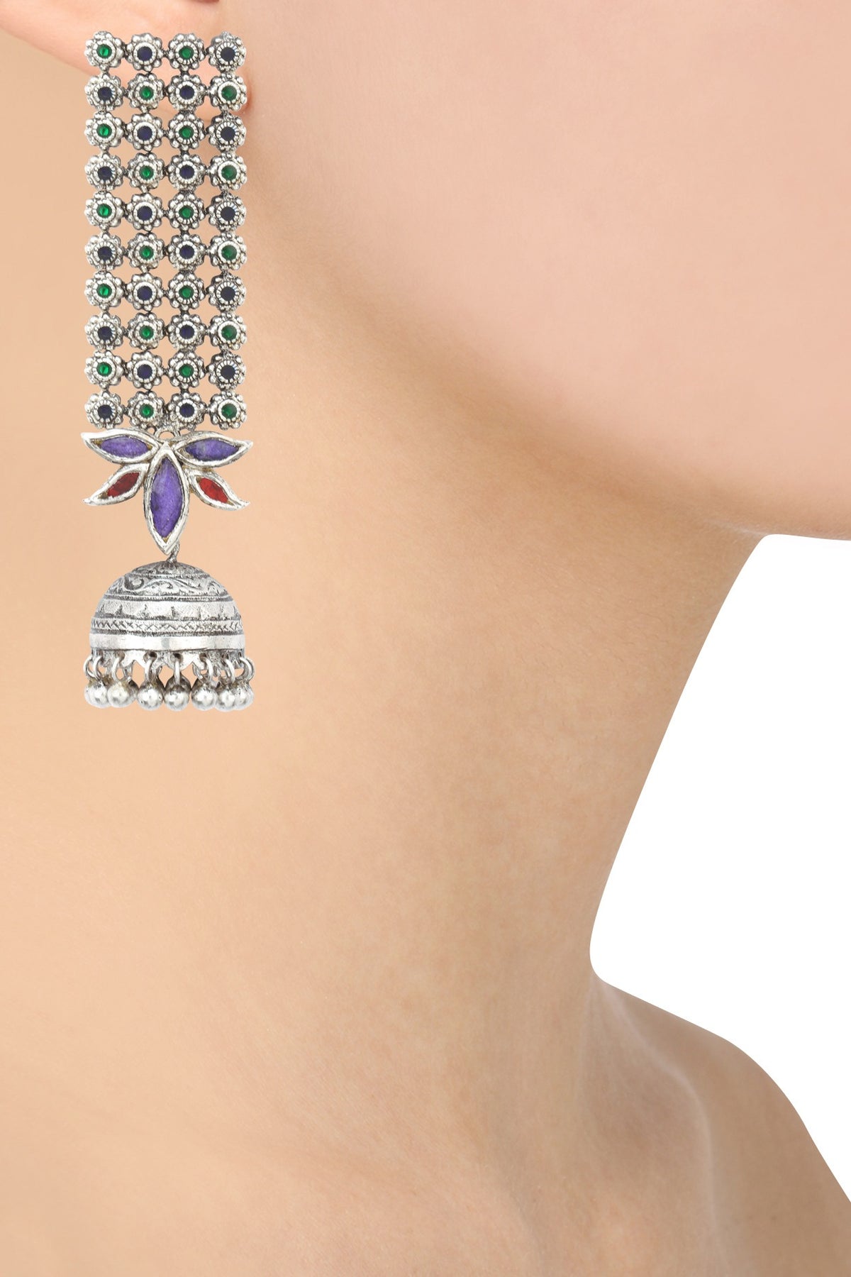 Antique Silver Finish Glass Stone Jhumki Drop Earrings