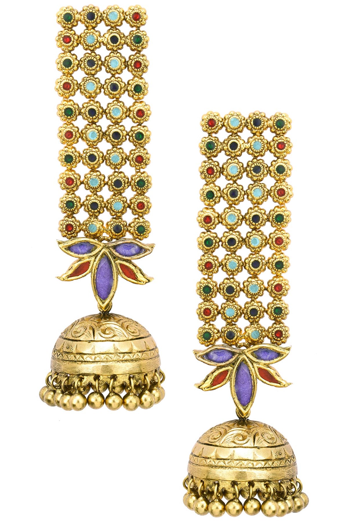 Antique Gold Finish Glass Stone Jhumki Drop Earrings