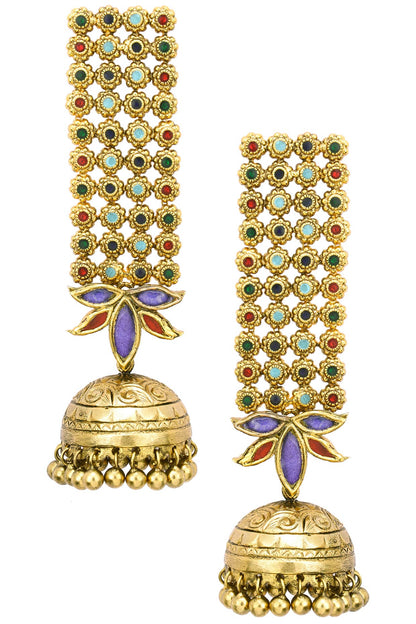 Antique Gold Finish Glass Stone Jhumki Drop Earrings