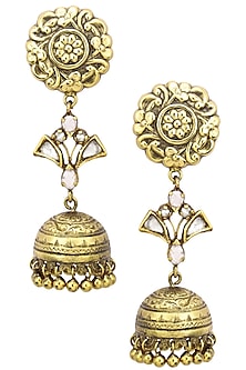Antique Gold Finish Jhumki Drop Flower Top Earrings
