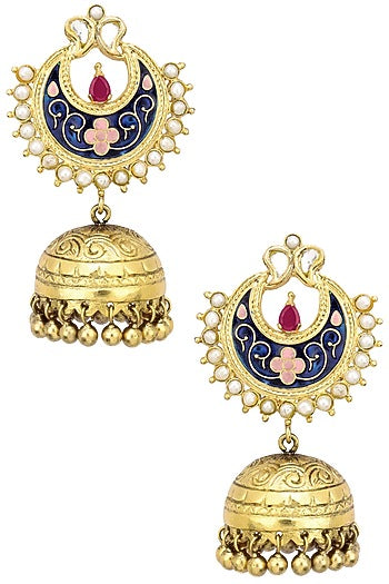 Antique Gold Finish Blue Crescent Earrings