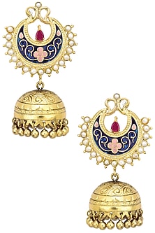 Antique Gold Finish Blue Crescent Earrings