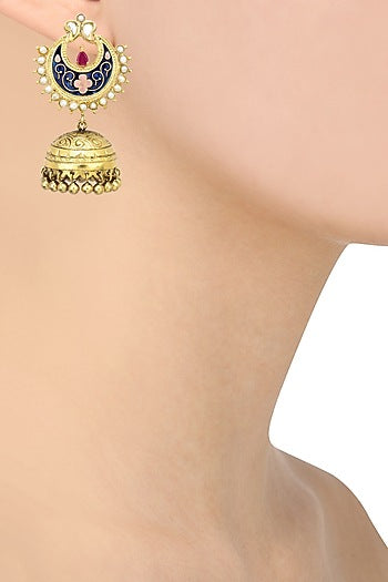 Antique Gold Finish Blue Crescent Earrings