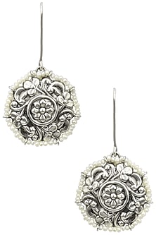 Silver Finish Floral Textured Round Earrings