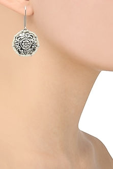 Silver Finish Floral Textured Round Earrings