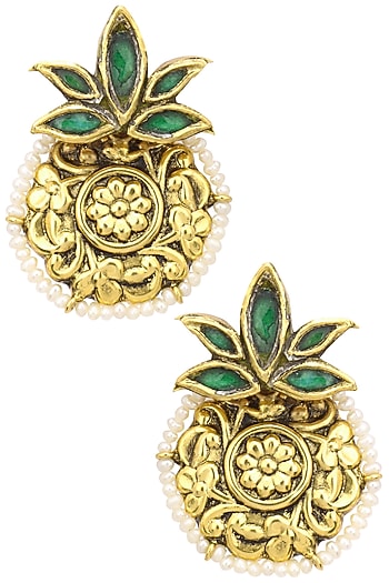 Gold Finish Glass Stone Textured Round Earrings