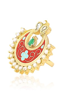 Gold Finish Glass Stone Red Enamel Crescent Ring