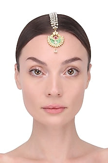 Gold Finish Green Crescent Motid Maang Tikka