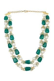 Gold Finish Shell Pearl & Green Onyx Necklace