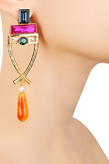 Gold Finish Blue, Pink, Yellow and Red, Stones Earrings