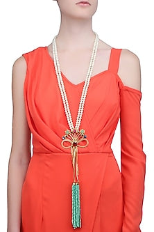 Gold Finish Bow Pendant Pearl String Necklace