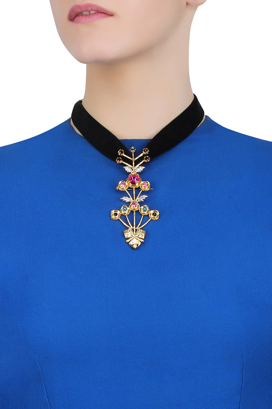 Gold Finish Stone Studded Floral Pendant With Black Thread