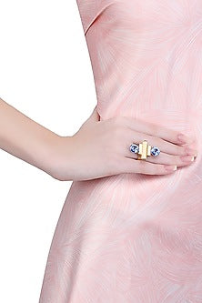 Gold Finish Double Blue Semi Precious Stones Adjustable Middie Ring