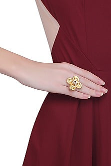 Gold Finish Pink Semi Precious Stones Flower Middie Ring