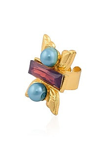 Gold Finish Double Blue Pearl Adjustable Middie Ring