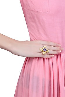 Gold Finish Semi Precious Stones Flower Middie Ring
