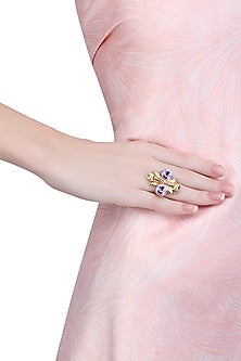 Gold Finish Double Purple Semi Precious Stones Adjustable Middie Ring