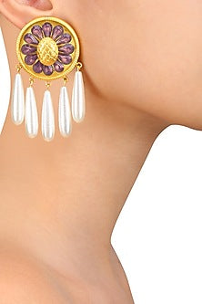 Gold Plated Ethnic White Drop Earrings