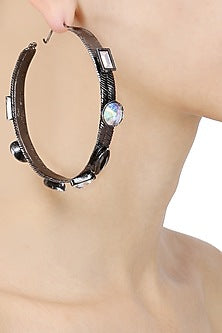Gunmetal Finish Swarovski Stone Hoop Earrings