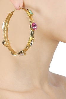 Gold Plated Multicolor Semi Precious Stone Hoop Earrings