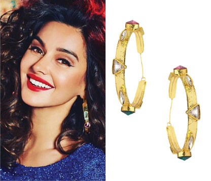 Gold Plated Multicolor Semi Precious Stone Hoop Earrings