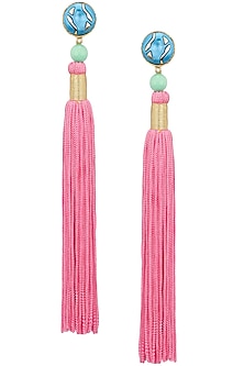 Gold Plated Green Stone and Pink Tasseled Earrings