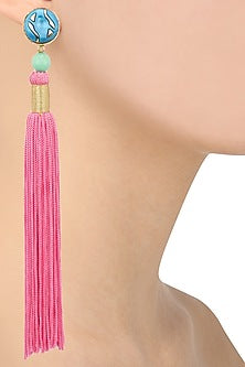 Gold Plated Green Stone and Pink Tasseled Earrings