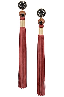 Gold Plated Brown Stone and Red Tasseled Earrings
