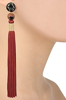 Gold Plated Brown Stone and Red Tasseled Earrings
