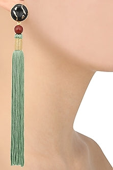 Gold Plated Red Stone and Mint Tasseled Earrings