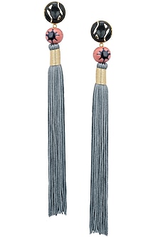 Gold Plated Pink Natural Stone and Grey Tasseled Earrings