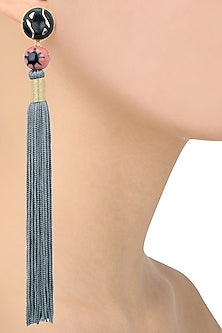 Gold Plated Pink Natural Stone and Grey Tasseled Earrings